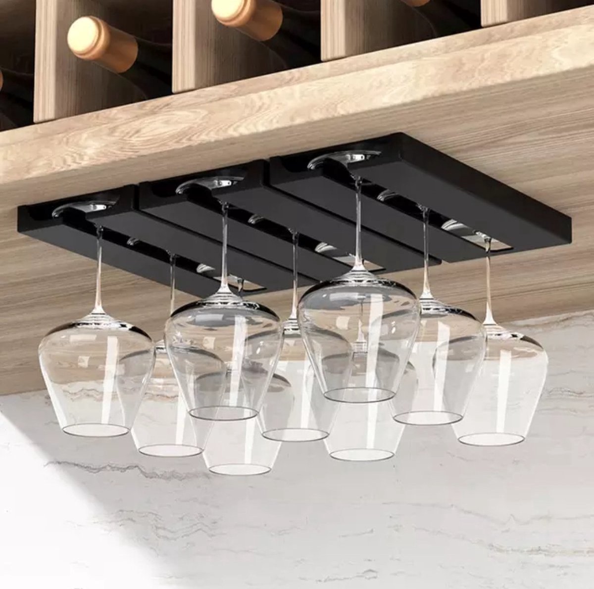 BlueTime - Wijnglazenhouder - Wijnglazenhouder Ophangrek - Tripple Rij - Wijnrek - Wijnglazen Houder - Wijnglazen Rek - Wijnglazen Organizer - Wijnrek Muur - Wijnkast - Zwart