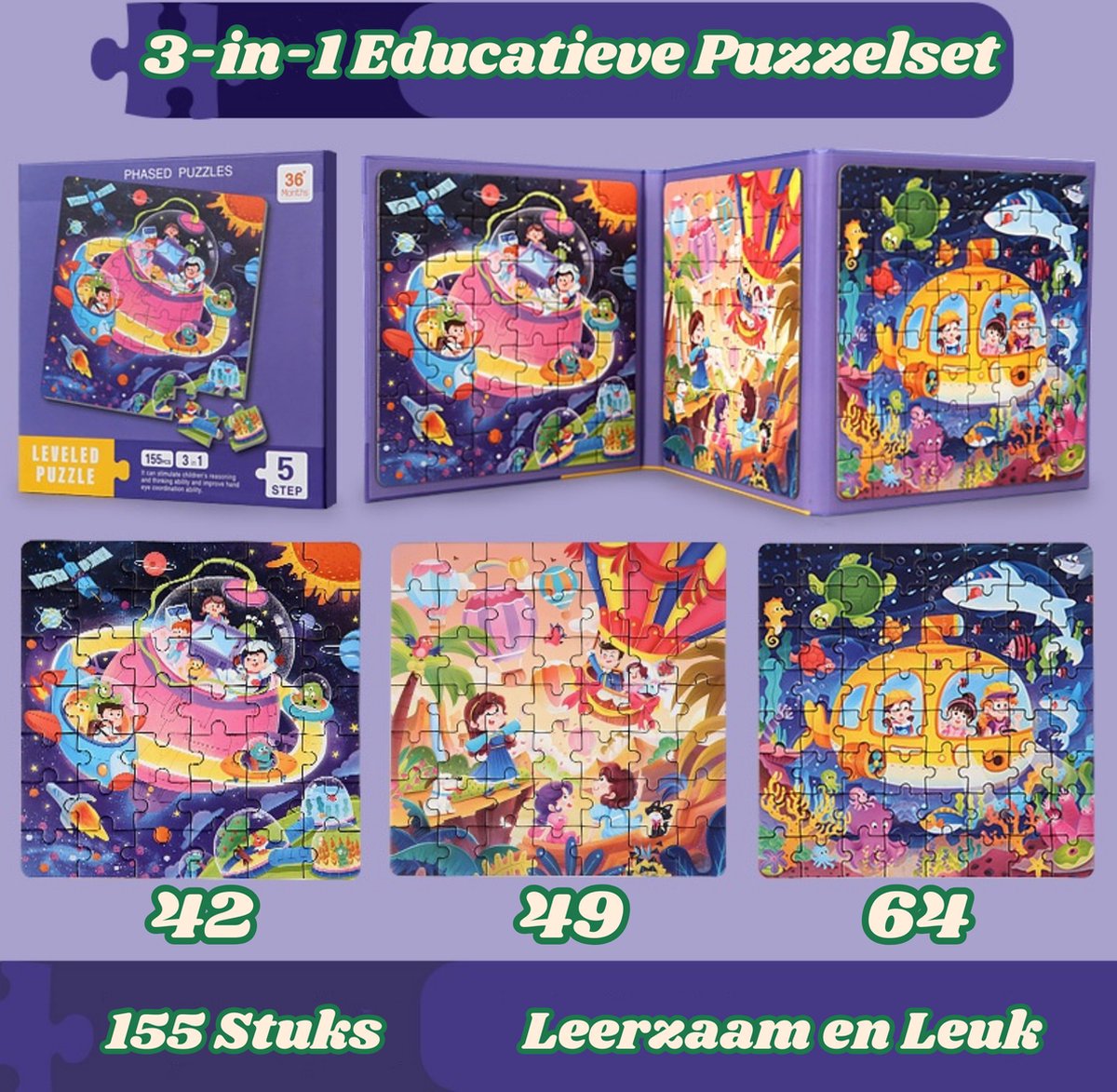 Leerkracht 3-in-1 Magnetische Puzzel - Educatief Speelgoed - 42/49/64 Stukjes - Thema Ruimte, Luchtballon en Onderzeeër - Speelgoed - Puzzel
