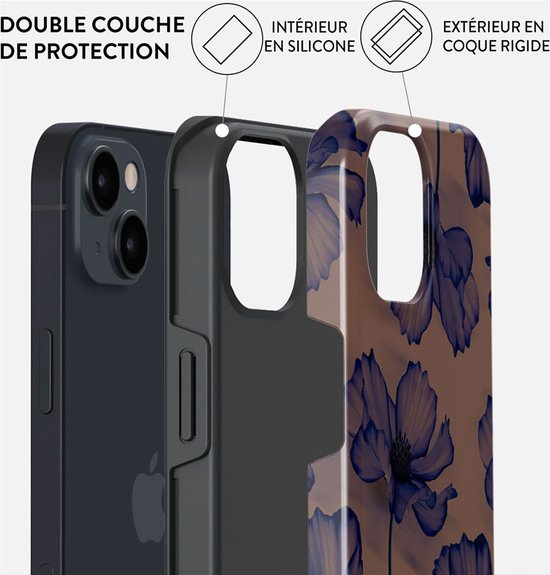 iPhone hoesje met dubbele bescherming: zachte siliconen binnenkant, harde buitenkant met bloemenprint.
