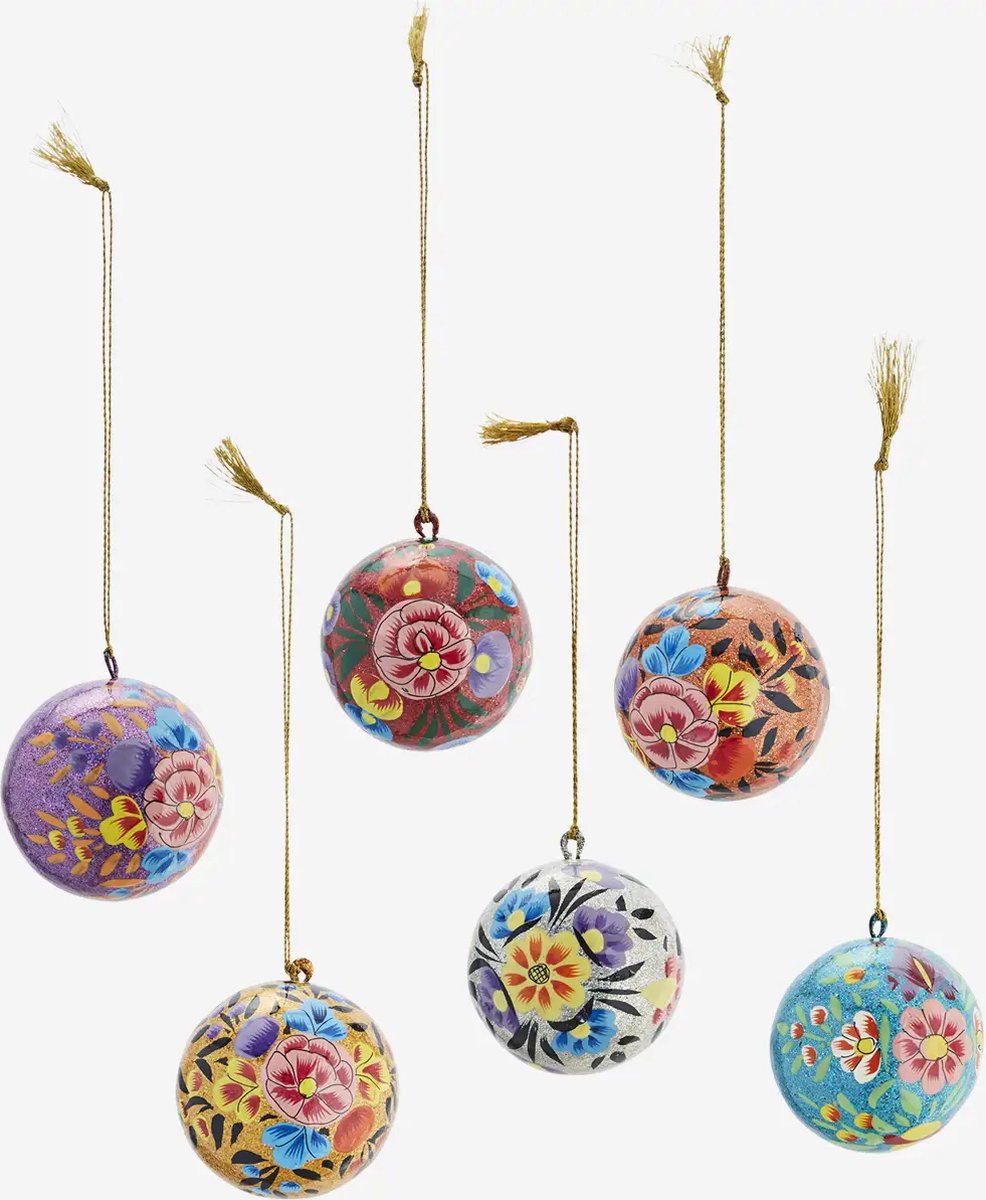 Madam Stoltz - Papier maché kerstballen met glitter, handbeschilderd - set van 6