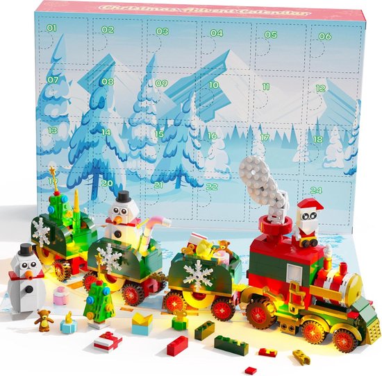 Adventskalender 2024 Kersttrein Bouwstenen met LED Licht 24 Dagen Countdown naar Kerstmis Vakantiecadeau voor Jongens Meisjes en Tieners 6 12 jaar