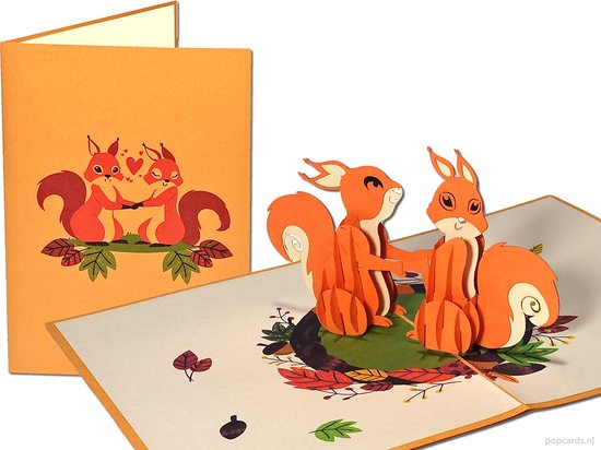 Cartes contextuelles Popcards - Écureuils amoureux dans les bois Journée des animaux Automne Amour Saint-Valentin Carte de voeux pop-up engagé