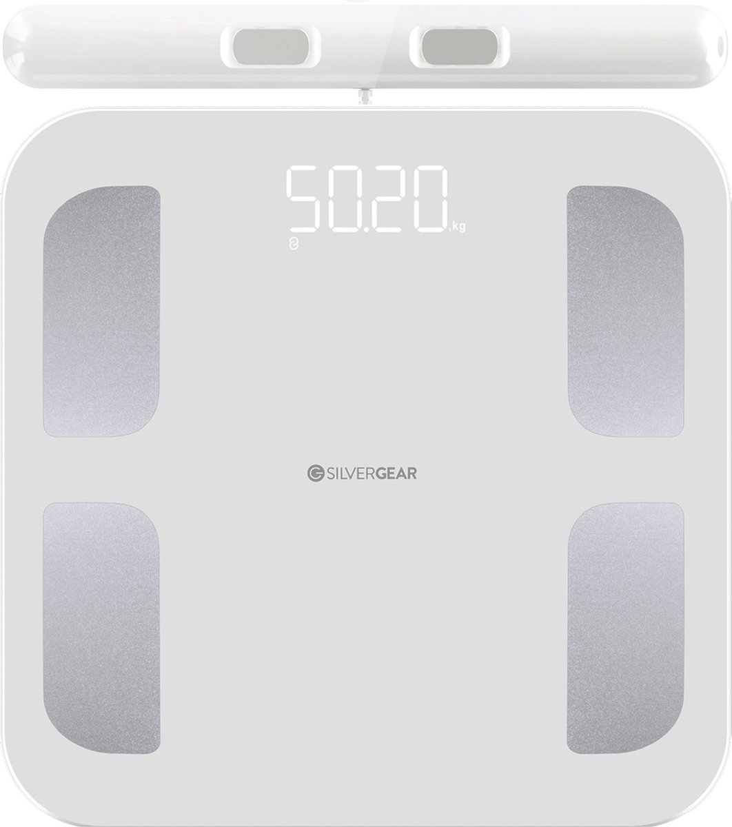 Silvergear Slimme Pro Weegschaal met Handvat - 14 Meetfuncties en Analyse App - 8 Sensoren - Professionele Sportschool Smart Scale - Bio Impedantie Meting - Onderlichaam ?n Bovenlichaam Metingen - Wit