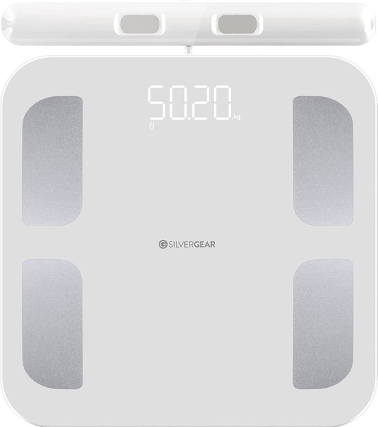 Silvergear Weegschaal met Lichaamsanalyse 28x - 8 Sensoren - Data in App - Weegschaal Personenweegschaal - Digitaal - Slimme Scale Pro - Wit