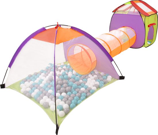 Foto: Selonis 3in1 speeltent met tunnel speeltuin popup ballenbad met 400 ballen voor kinderen veelkleurig grijs wit turquoise