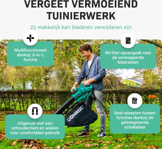 VONROC 3-in-1 bladblazer – 3300W – Blazen, Zuigen & Versnipperen – 270km/h – Incl. 40L opvangzak