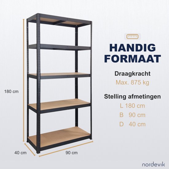 Zwarte stellingkast met vijf houten planken, met afmetingen: 180cm hoog, 90cm breed, 40cm diep. Max. draagkracht 875kg.