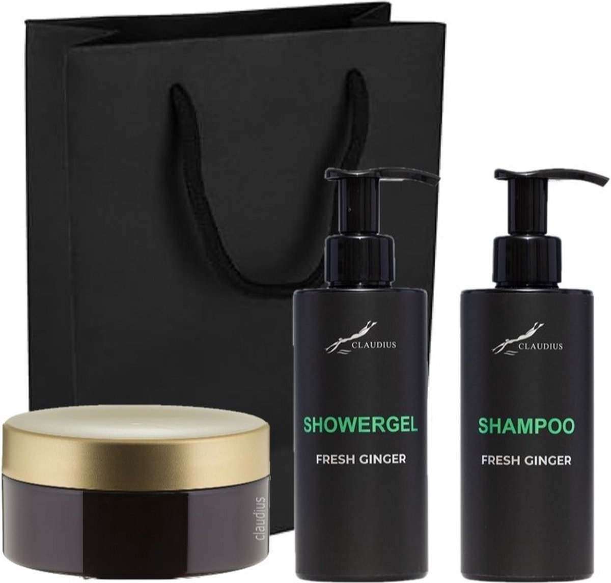 Goedkoopste Douchepakket Fresh Ginger - Showergel Shampoo Scrubzout 300 gram - 300 ml per fles - set van 3 stuks - met luxe gift tas - kerst cadeau - giftset voor hem en haar