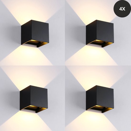 Livista® - LED Waterdichte Wandlamp Set van 4 - 12W - Verstelbare Lichthoek - Vierkant Design - Voor Binnen/Buiten Gebruik - Moderne Zwarte Wandlamp voor Woonkamer, Slaapkamer en Meer