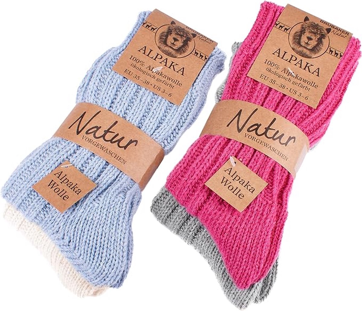 BRUBAKER 4 Paar Alpaca Sokken - Wintersokken Set voor Dames en Heren - Blauw Roze Beige Grijs - Maat 35-38