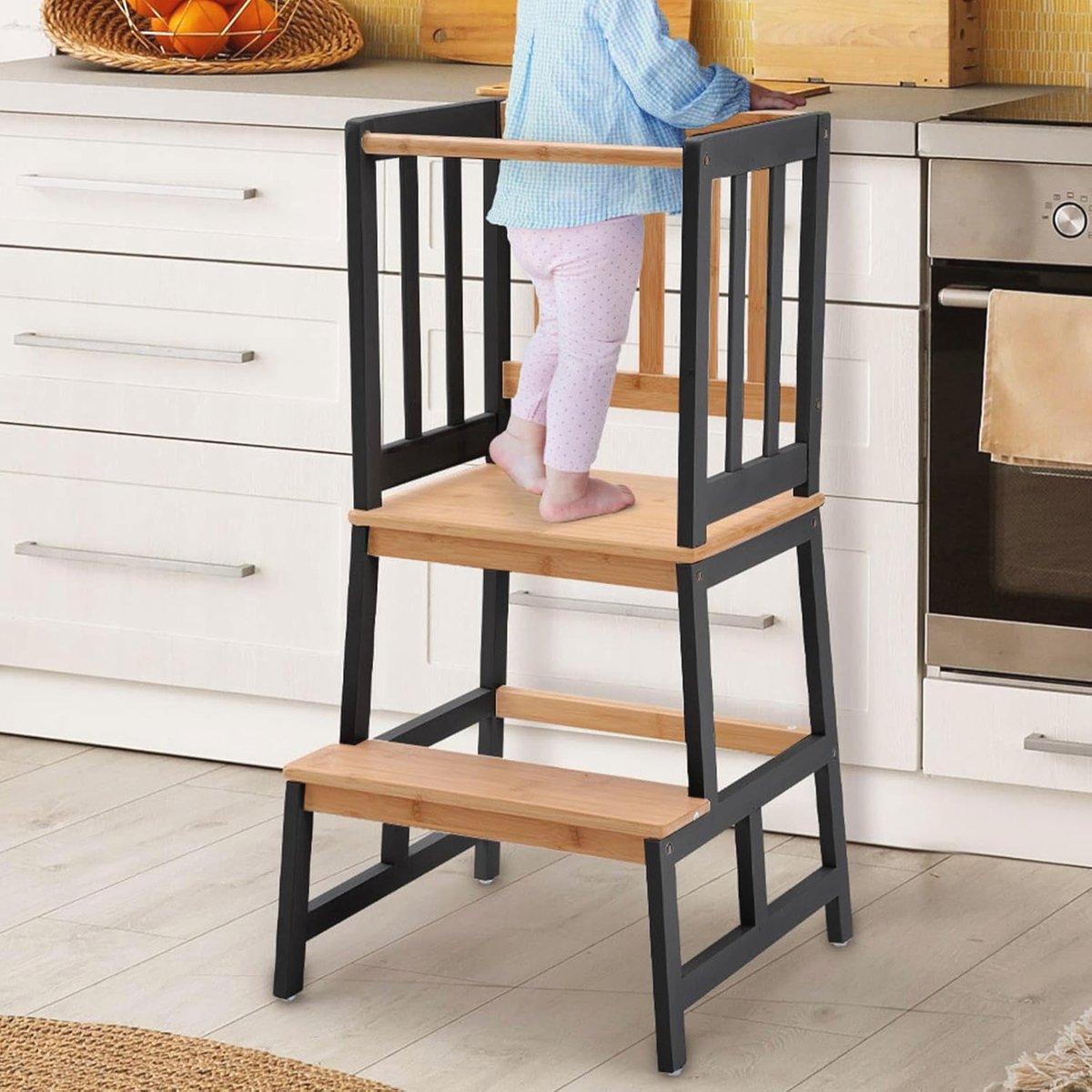 Montessori Leertoren voor kinderen - FSC-gecertificeerd natuurlijk bamboe met stijlvolle kantelbescherming - Veiligheidsoplossing voor keuken, tafel en badkamer vanaf 1 jaar