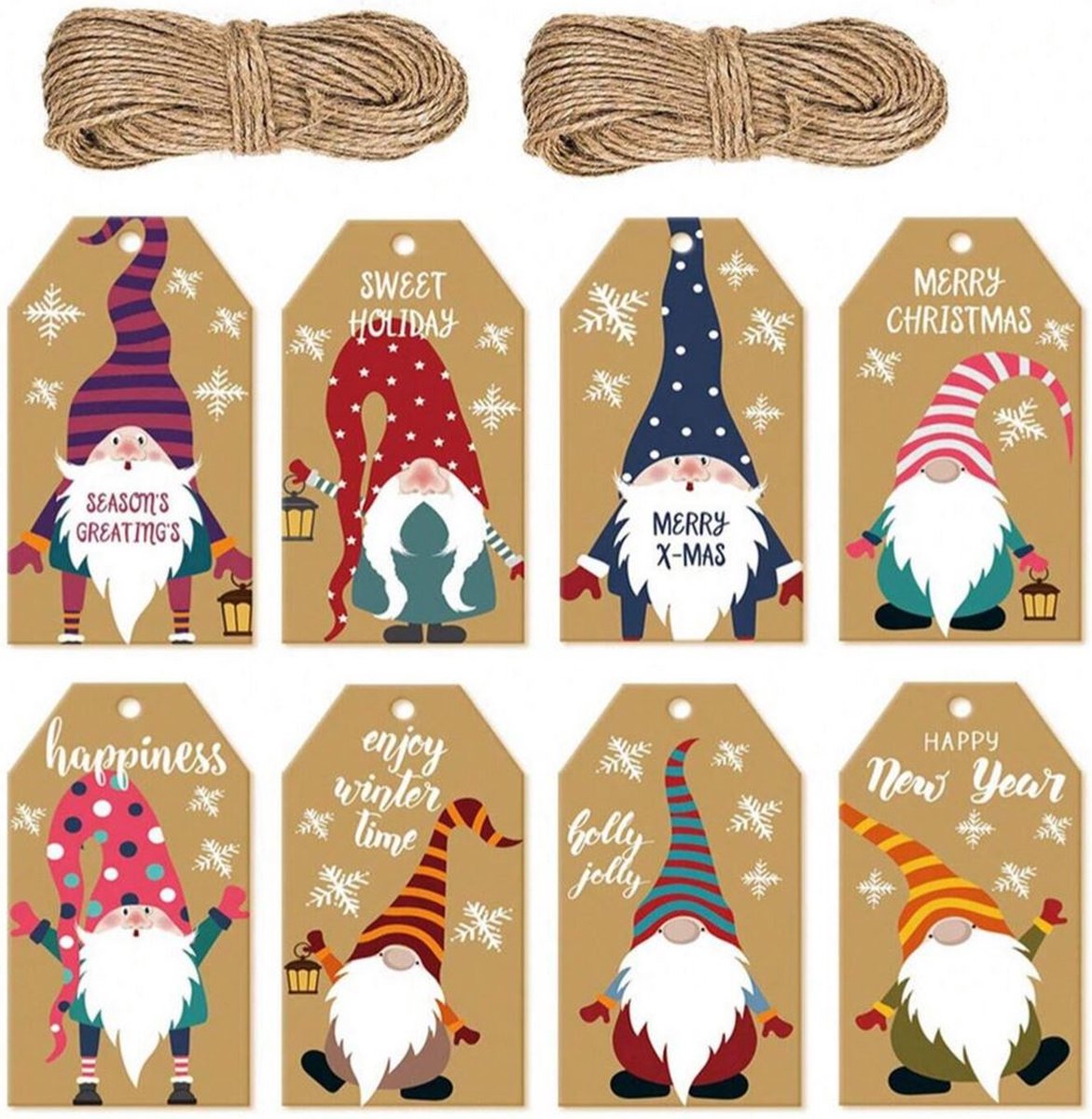 100 stuks Cadeau labels kerst kabouters 5x3 cm met jute touw