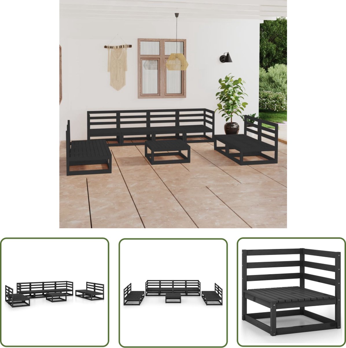 The Living Store 9-delige Loungeset massief grenenhout zwart - Tuinstoel - Lounge Set - Houten Tuinmeubel - Outdoor Furniture - Tuinset