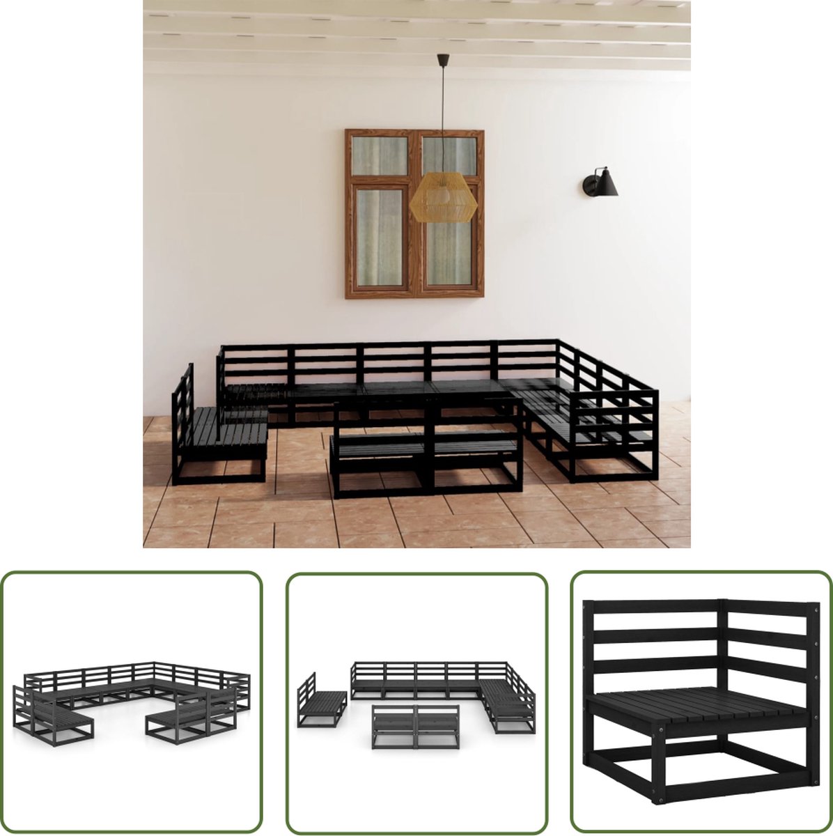 The Living Store 12-delige Loungeset massief grenenhout zwart - Tuinstoel - Lounge Set - Buitendecor - Houten Bank - Tuinset