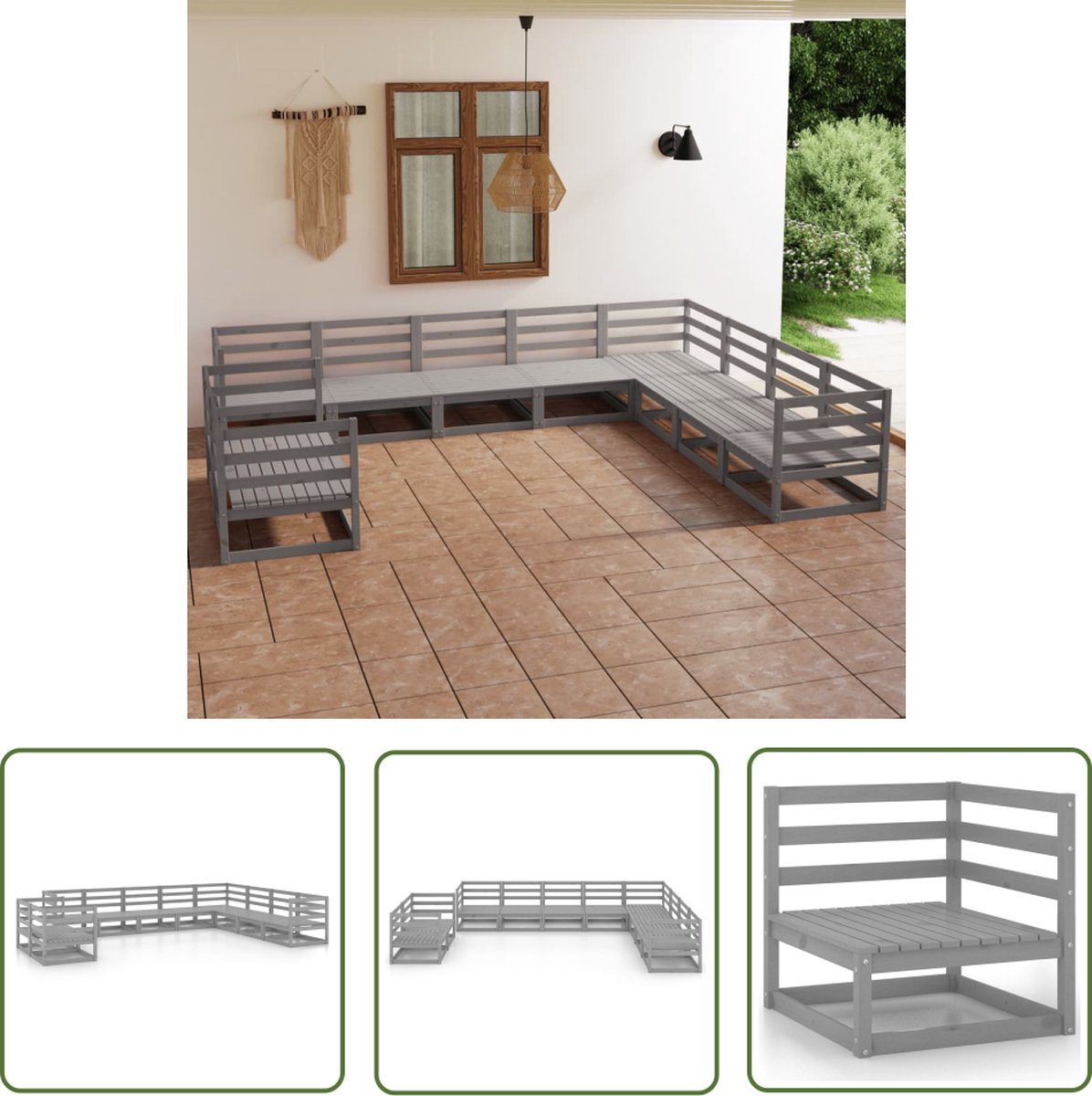 Tuin Loungeset van massief grenenhout in grijs, hoeksofa design.