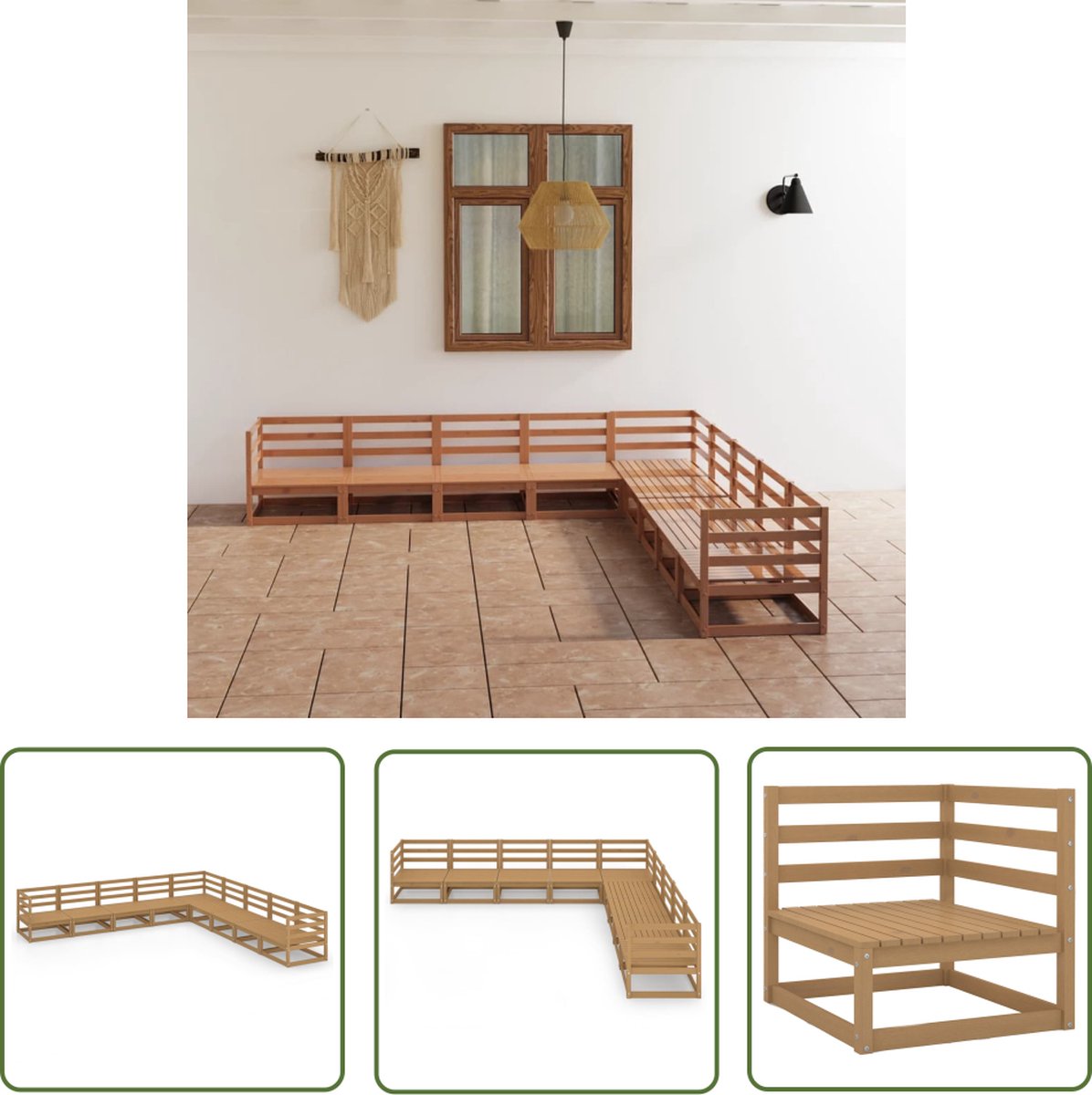 The Living Store 9-delige Loungeset massief grenenhout honingbruin - Tuinstoel - Lounge Set - Houten Bank - Buitendecor - Tuinset