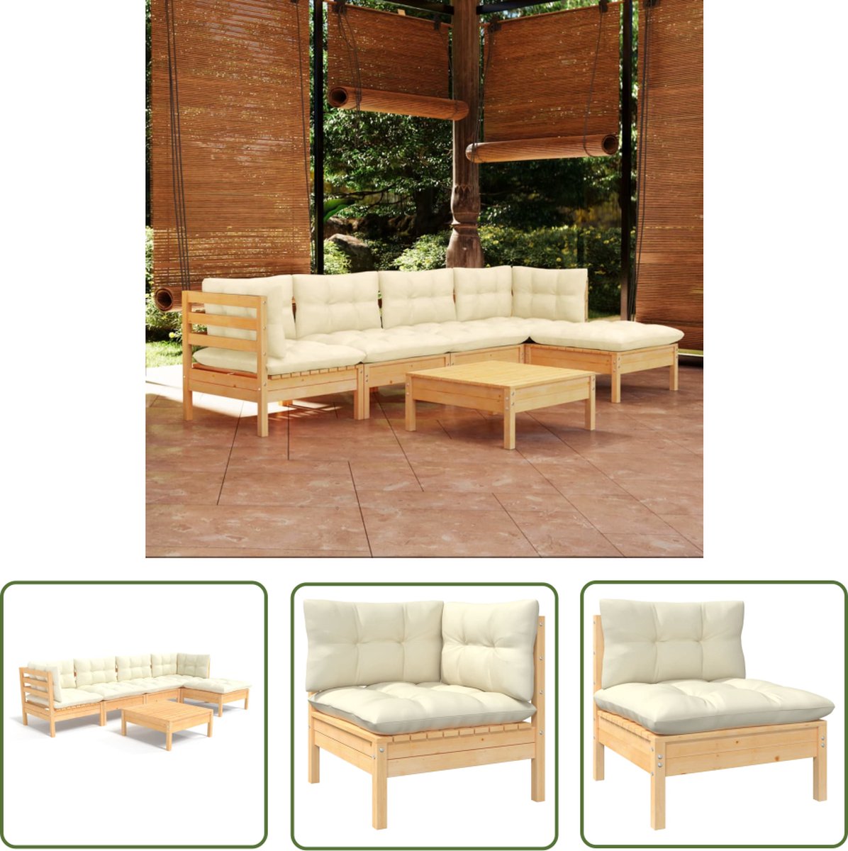 The Living Store 6-delige Loungeset met crèmekleurige kussens grenenhout - Tuinmeubleset - Lounge Set - Tuinset - Grenenhout Meubel - Outdoor Furniture