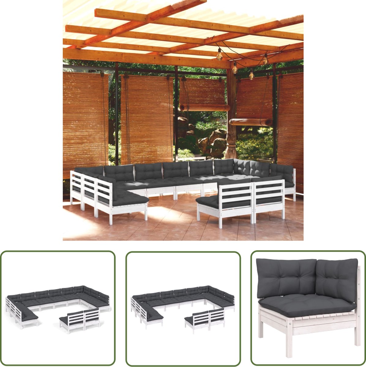 Massief grenenhouten loungeset in wit met kussens - The Living Store.