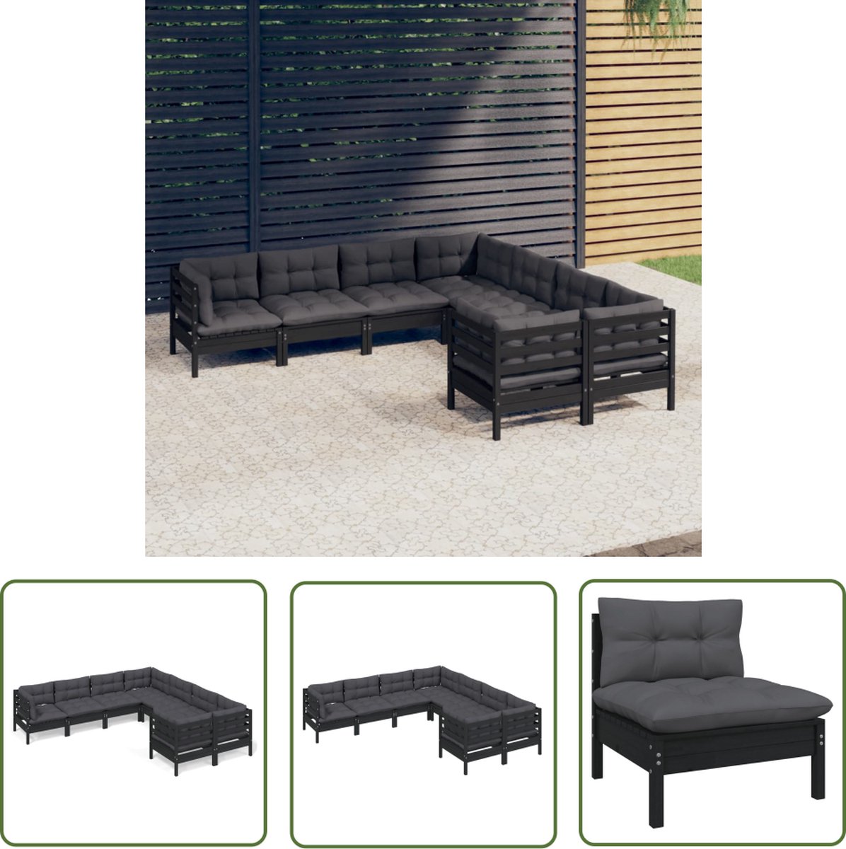 The Living Store 8-delige Loungeset met kussens massief grenenhout zwart - Loungeset - Houten Lounge Set - Tuinset - Buitendecor - Garden Furniture