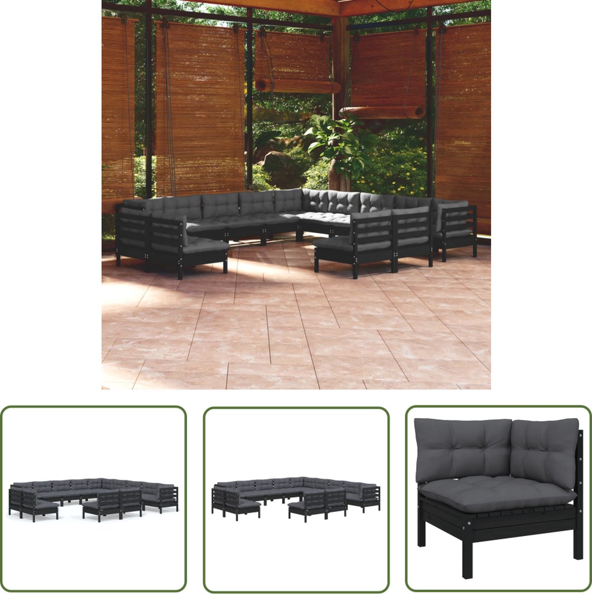 Zwarte houten loungeset met kussens - Tuinmeubel in massief grenenhout.