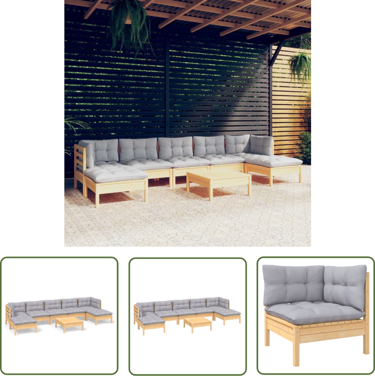 The Living Store 8-delige Loungeset met grijze kussens grenenhout - Loungeset - Tuinset - Hout Meubel - Tuin Lounge Set - Grenenhout