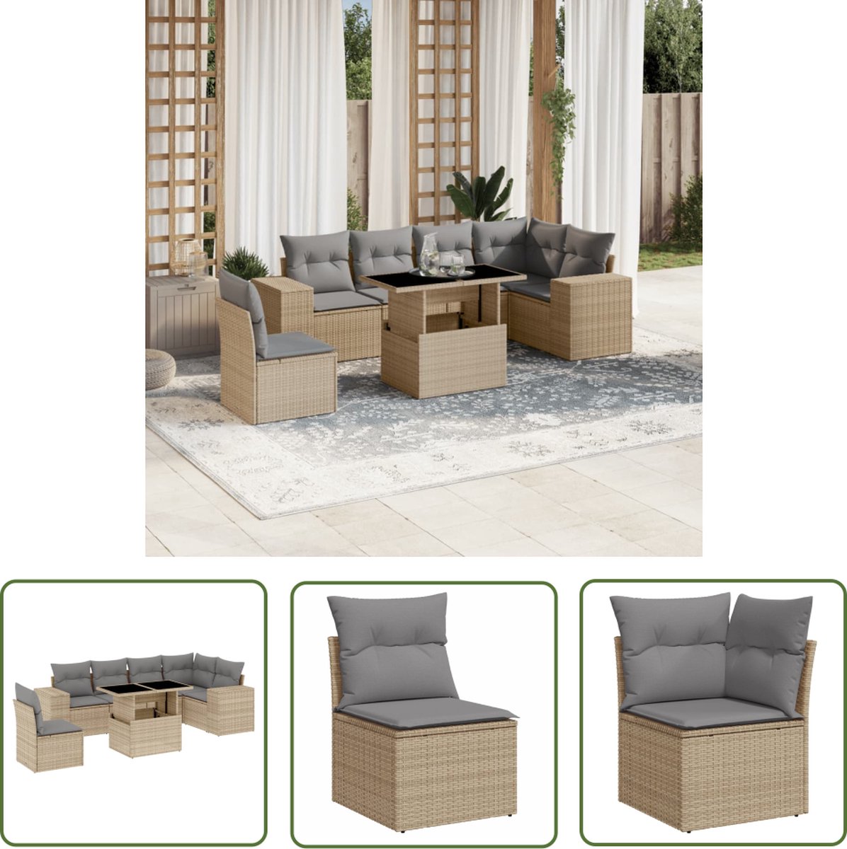 The Living Store 7-delige Loungeset met kussens poly rattan beige - Loungebank - Lounge Set - Buitendecoratie - Tuinmeubels - Tuinlounge