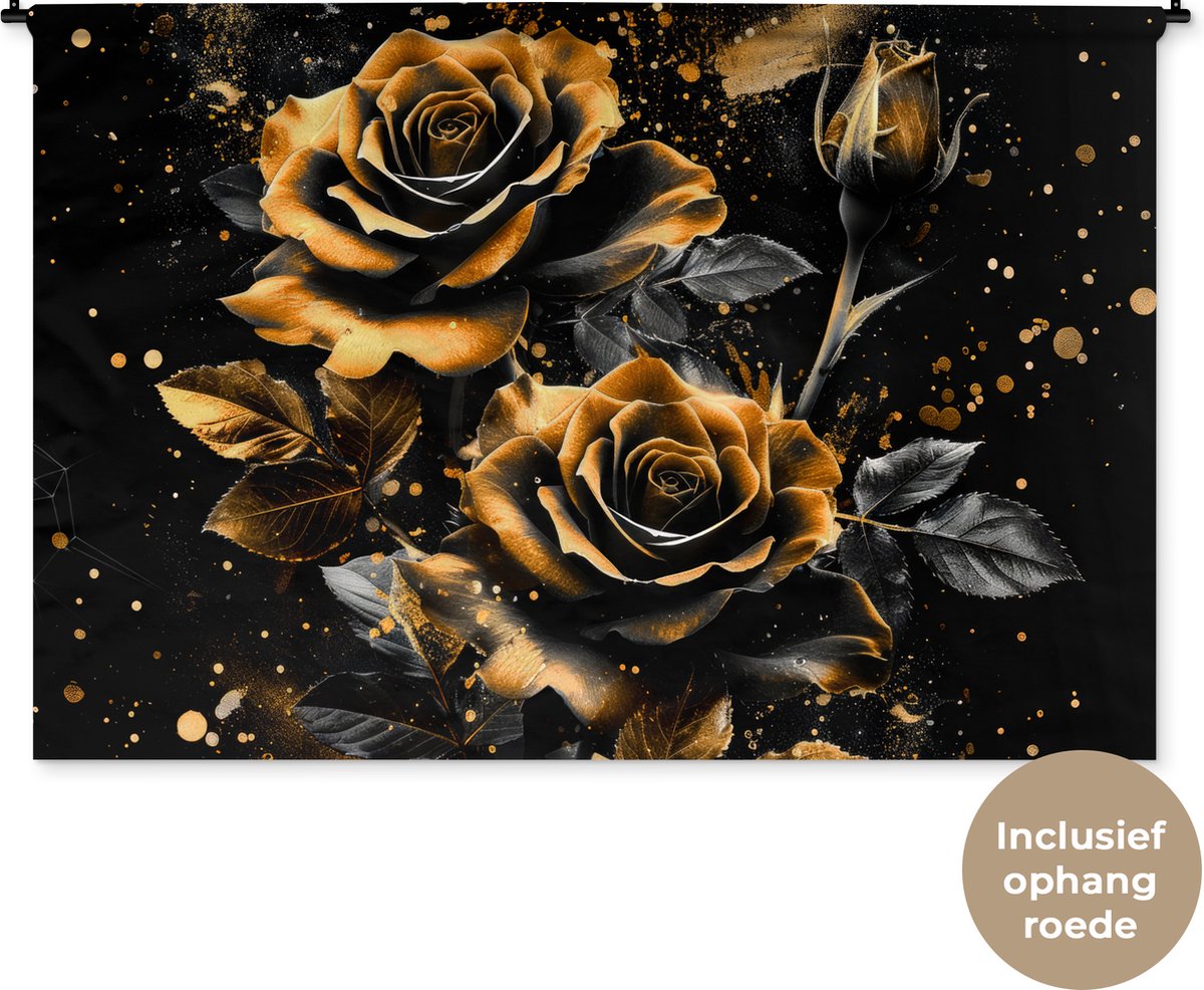 Wandkleed 180x120 cm - Wanddoek Rozen - Goud - Zwart - Bloemen - Modern - Wandtapijt - Wandkleden