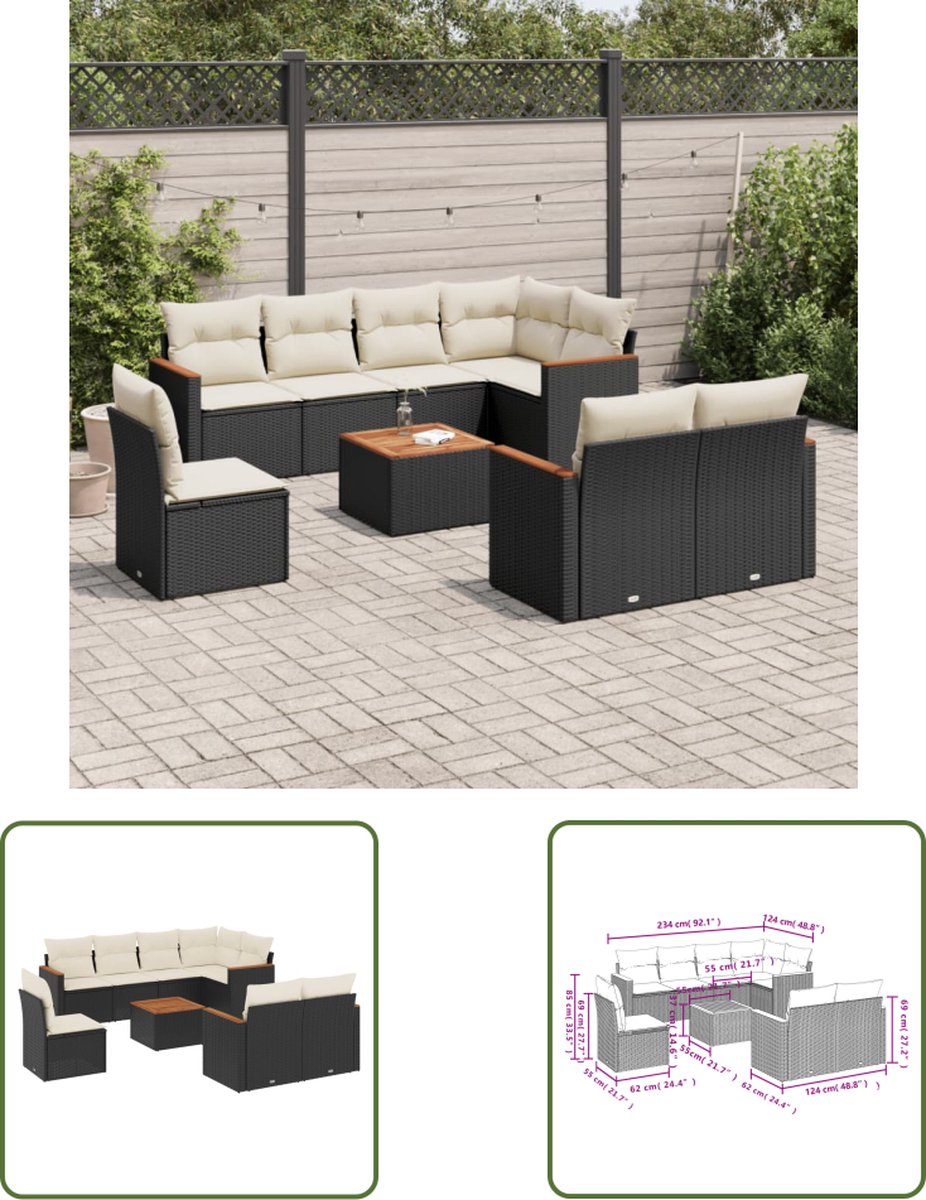 The Living Store 9-delige Loungeset met kussens poly rattan zwart - Loungeset - Tuinmeubels - Lounge Set - Pe Rattan - Zwarte Loungebank