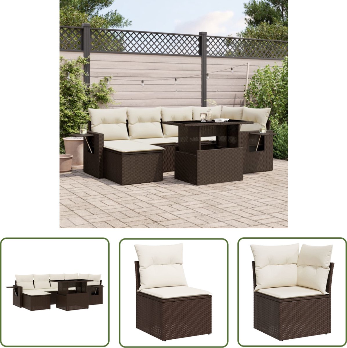 The Living Store 7-delige Loungeset met kussens poly rattan bruin - Loungeset - Lounge Set - Outdoor Furniture - Tuinlounge - Buitendecoratie