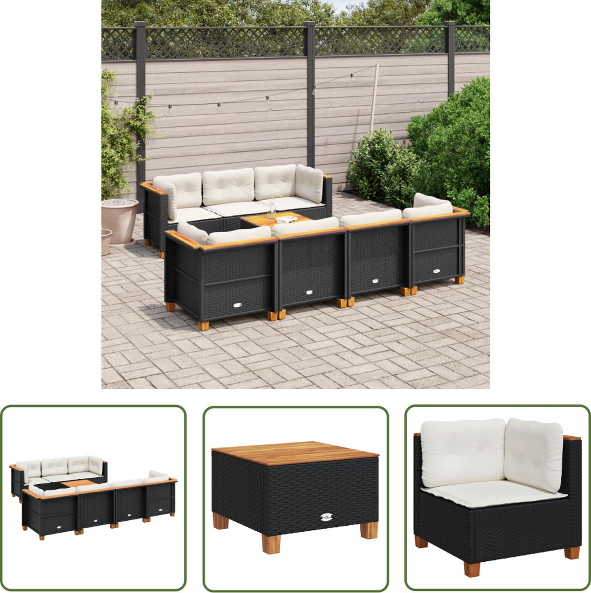 The Living Store 8-delige Loungeset met kussens poly rattan zwart - Loungeset - Tuinmeubels - Lounge Set - Buitendecoratie - Outdoor Furniture