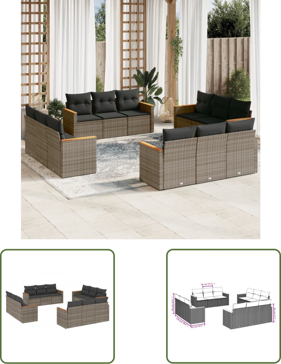 The Living Store 12-delige Loungeset met kussens poly rattan grijs - Loungebank - Tuinset - Lounge Set - Outdoor Furniture - Garden Furniture
