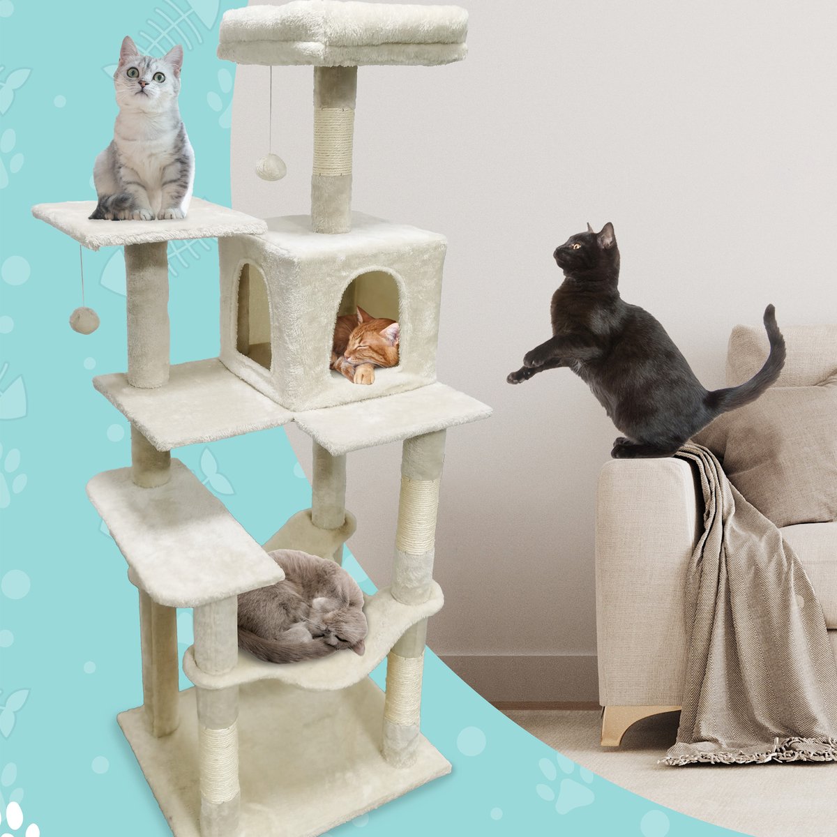 Krabpaal voor Katten met Kattenmand & Kattenspeelgoed XXL - 5 Niveaus - Hangmat - Sisal Touw - 55 x 45 x 143 cm - Incl Muurbevestiging - Krabmat - Kattenhuis - Kattenbed - Kattenpaal - Kattentoren - Kattenspeeltjes - Kattenboom - Beige - PetVille – foto 5