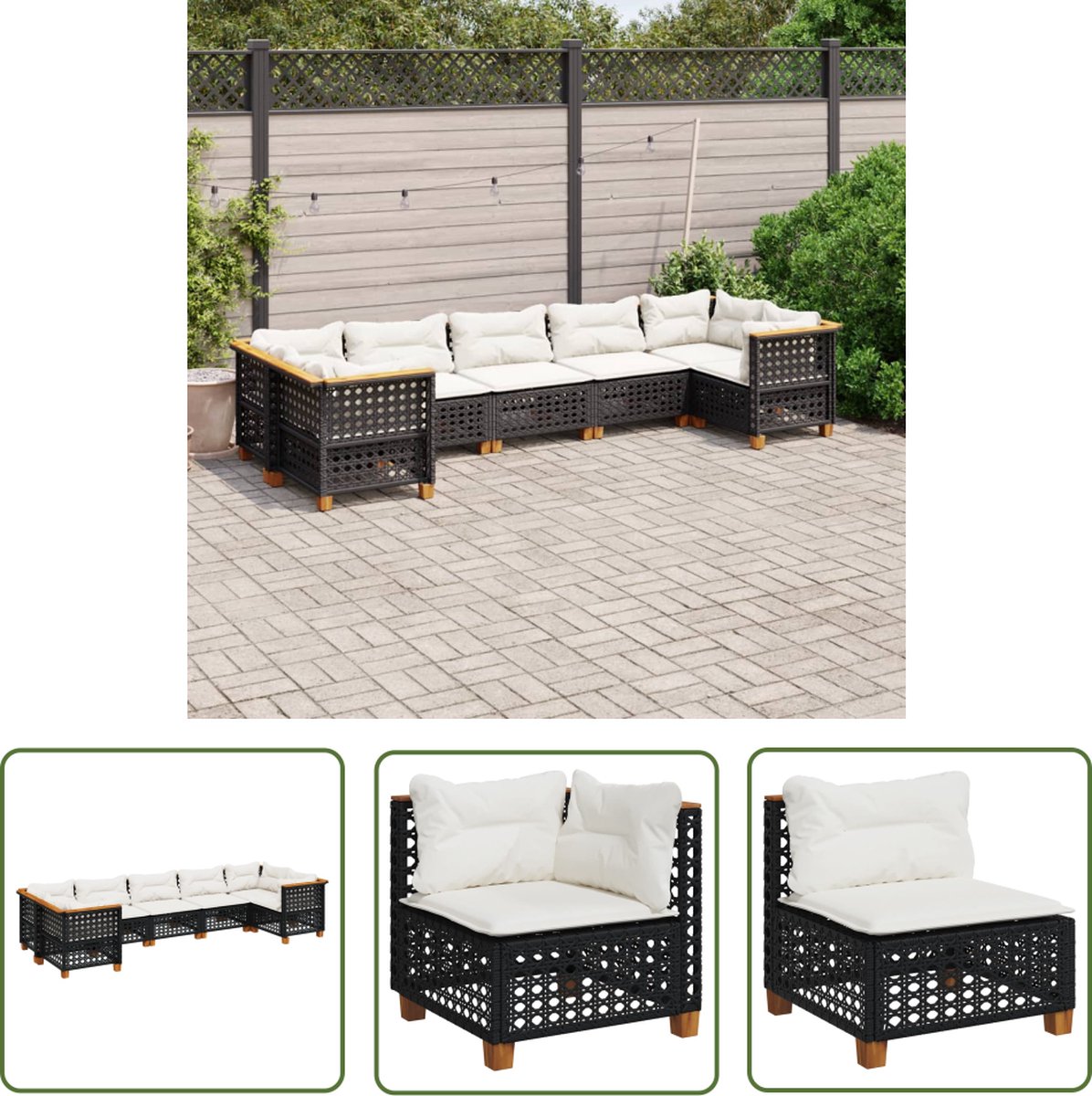 The Living Store 7-delige Loungeset met kussens poly rattan zwart - Loungeset - Tuinset - Lounge Bank - Buitendecoratie - Garden Furniture