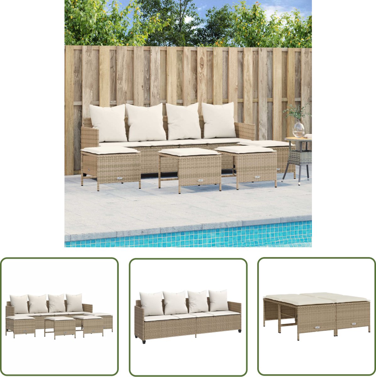 The Living Store 5-delige Loungeset met kussens poly rattan beige - Loungeset - Tuinset - Lounge - Outdoor Furniture - Buitenmeubel