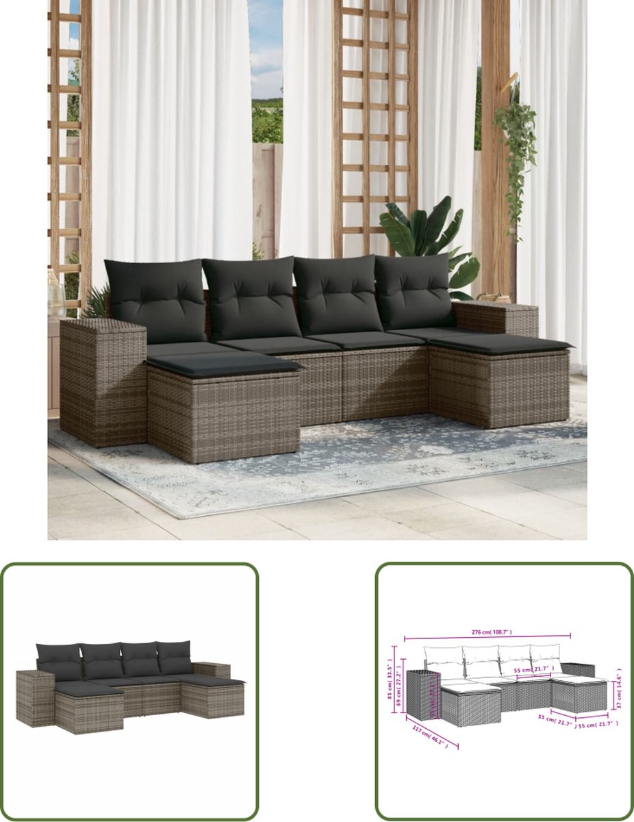 The Living Store 6-delige Loungeset met kussens poly rattan grijs - Loungebank - Lounge Set - Tuinmeubels - Buitendecoratie - Pe Rattan