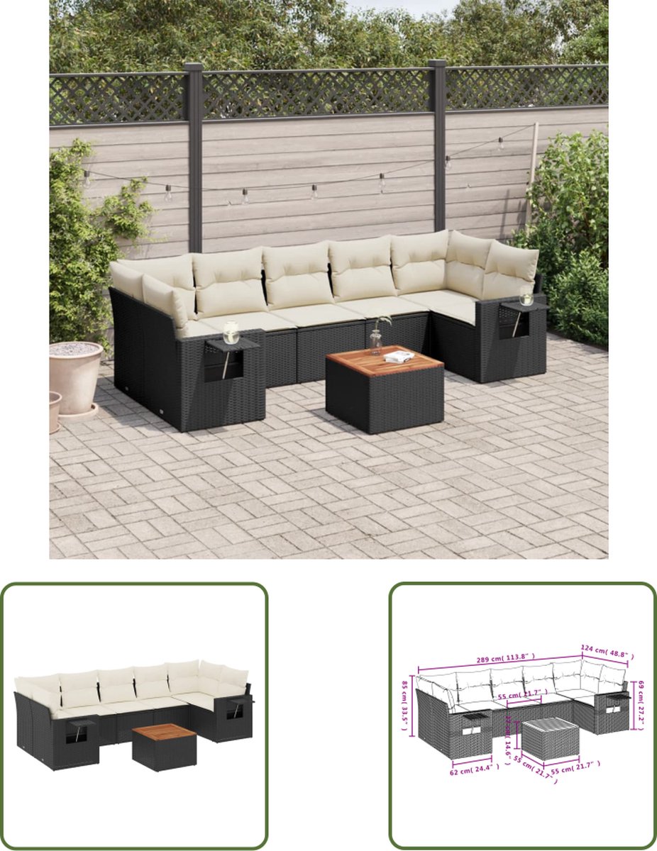 Poly rattan zwarte loungeset met kussens voor buiten - The Living Store.