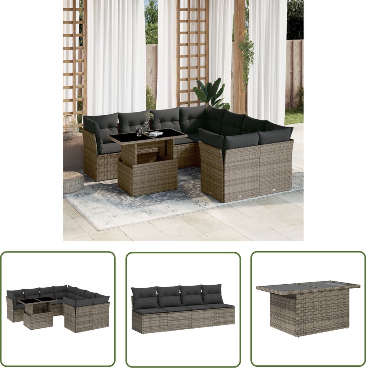 The Living Store 9-delige Loungeset met kussens poly rattan grijs - Loungeset - Lounge Set - Tuinlounge - Buitentijnen - Outdoor Furniture