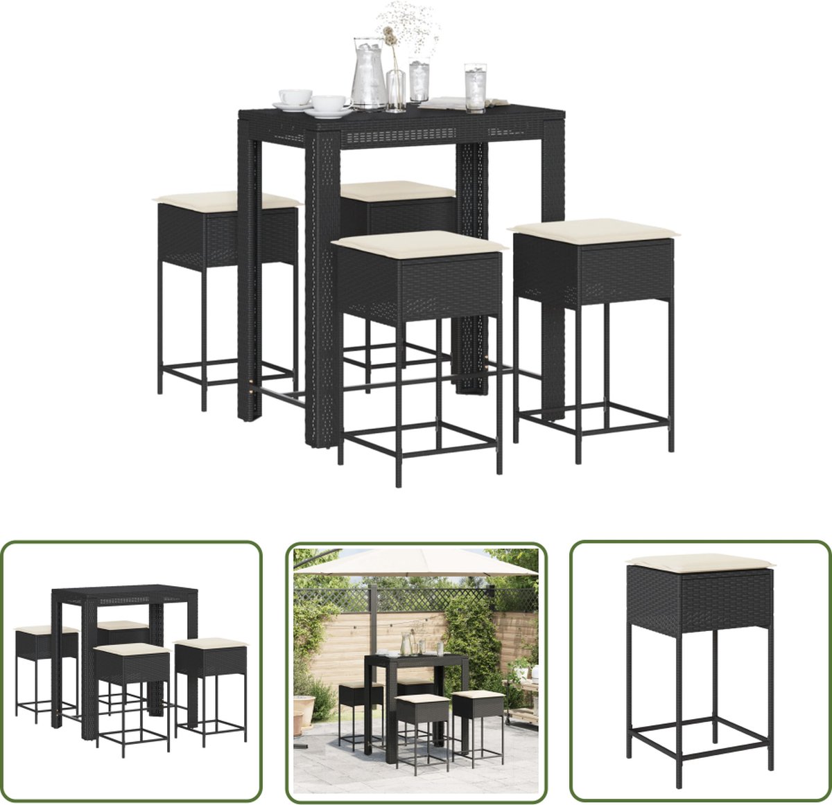 The Living Store 5-delige Tuinbarset met kussens poly rattan zwart - Tuinbarset - Tuinset - Lounge Set - Buitendecoratie - Poly Rattan