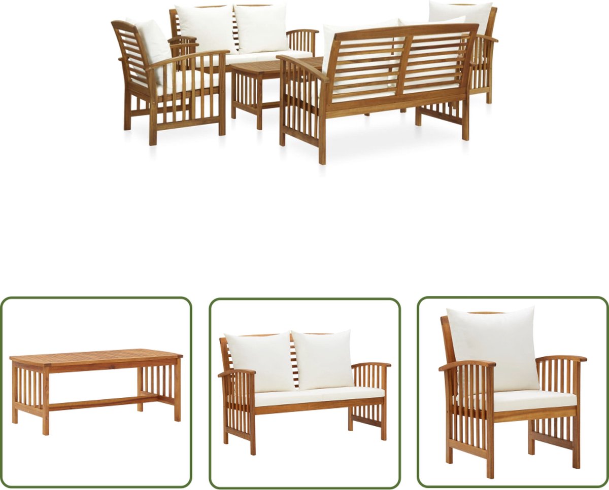 5-delige loungeset met kussens van massief acaciahout en vintage uitstraling.
