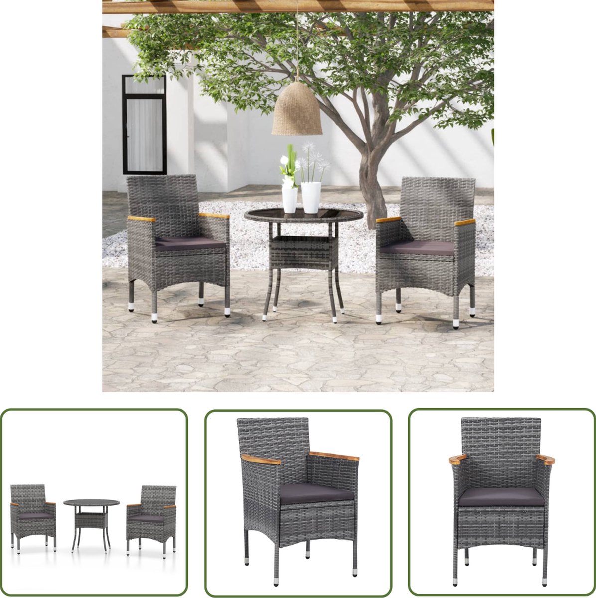 Moderne grijze poly rattan tuinset met 3 delen op terras.