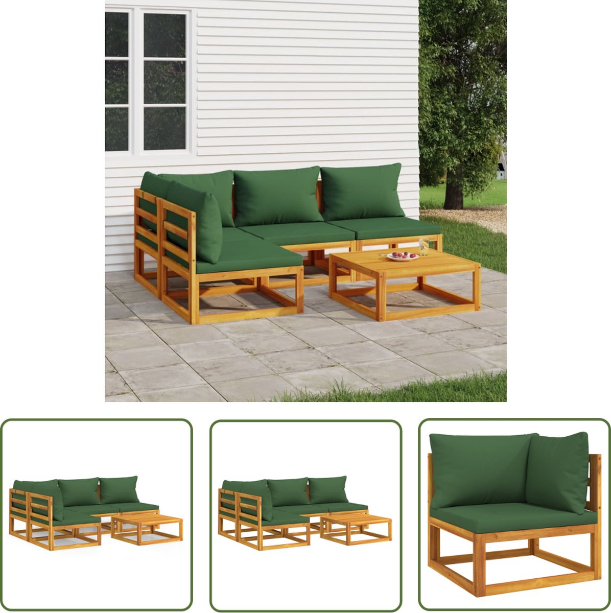 The Living Store 5-delige Loungeset met groene kussens massief hout - Tuinstoel - Lounge Set - Acacia Hout - Buitendecoratie - Loungestoel