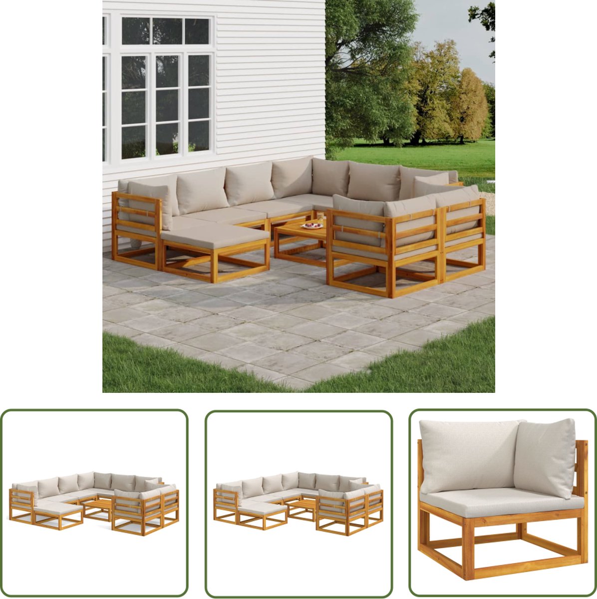 The Living Store 10-delige Loungeset met lichtgrijze kussens massief hout - Tuinstoel - Lounge Set - Acacia Hout - Buitendecoratie - Buitenkamer
