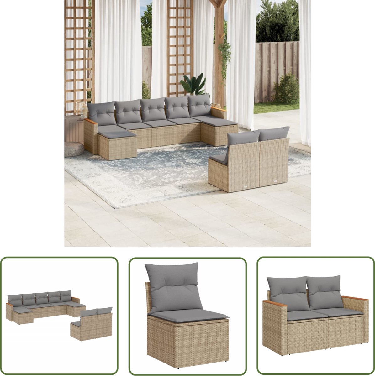Loungeset met beige poly rattan, inclusief kussens - Tuinmeubels.