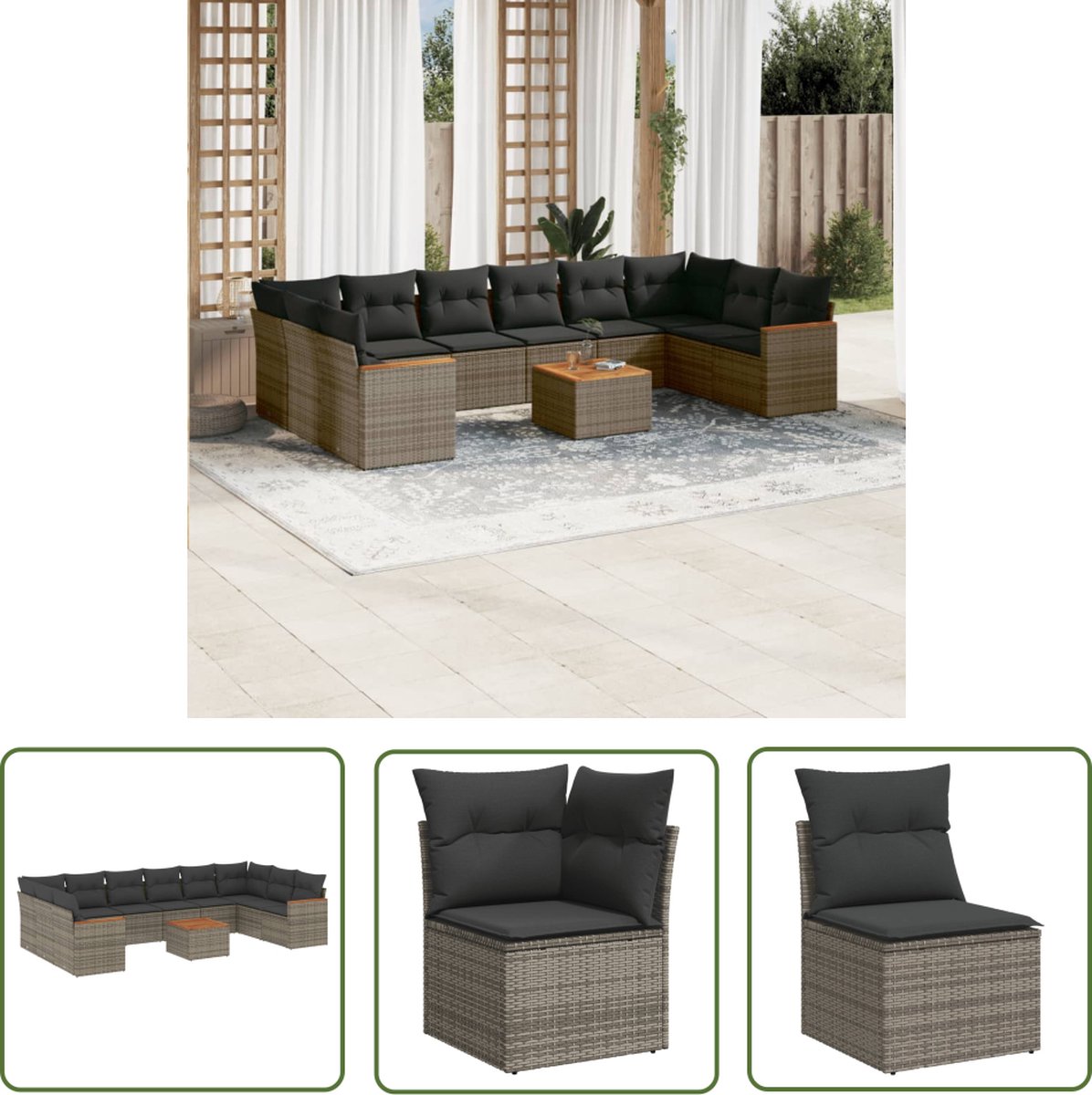 Grijze poly rattan loungeset met kussens voor buiten - The Living Store.