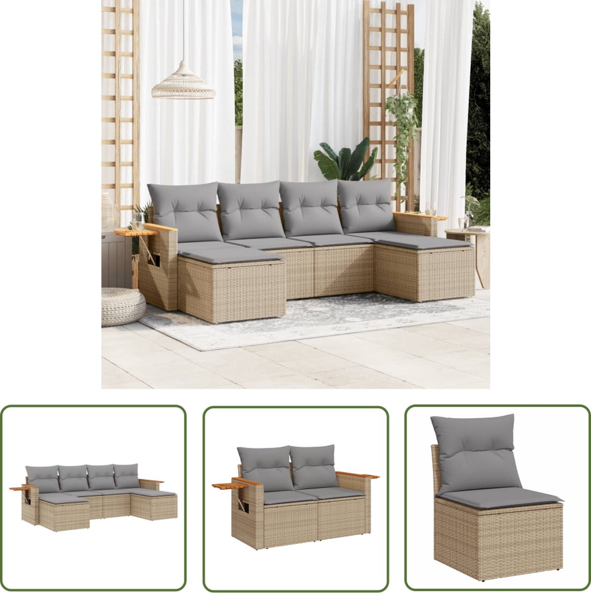 The Living Store 6-delige Loungeset met kussens poly rattan beige - Loungeset - Tuinset - Lounge Set - Tuinmeubels - Buitendecoratie