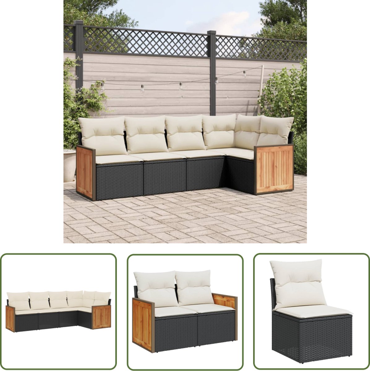Zwarte poly rattan loungeset met kussens voor buiten - The Living Store.