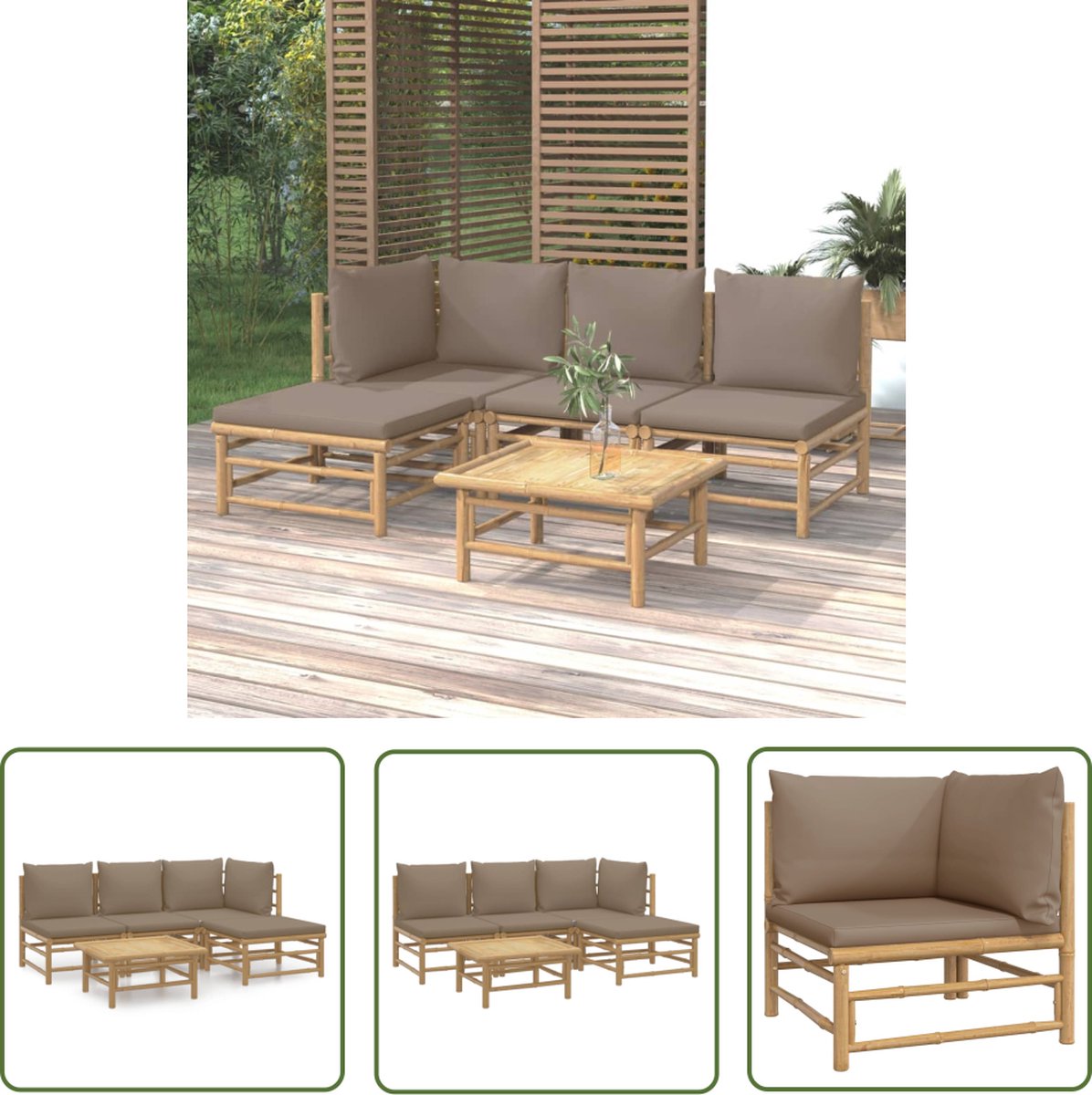 The Living Store 5-delige Loungeset met kussens bamboe taupe - Bamboelounge - Lounge Set - Buitenspeeltuin - Tuinstoel - Loungebank