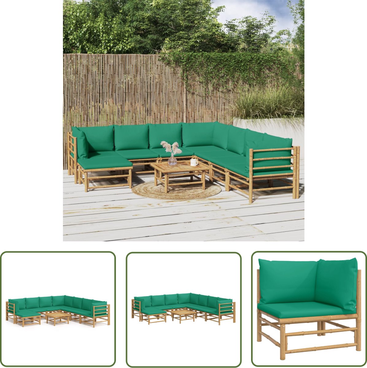 The Living Store 9-delige Loungeset met kussens bamboe groen - Tuinset - Lounge Set - Bamboeset - Buis Meubilaar - Outdoor Furniture