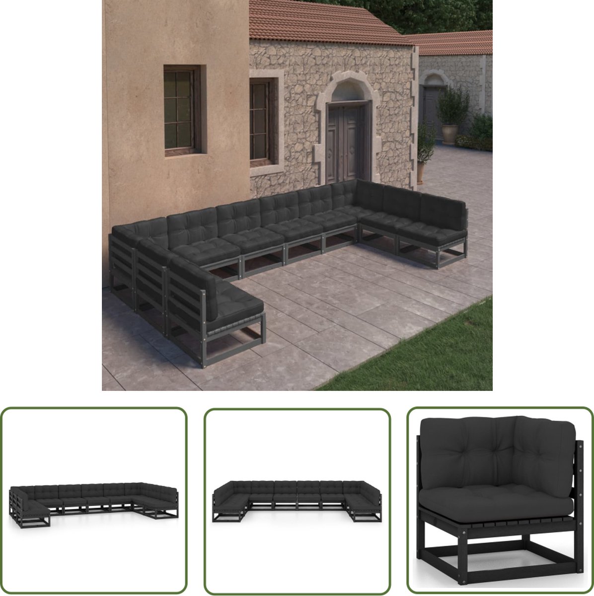 Tuinset Loungeset met kussens zwart grenenhout - The Living Store.
