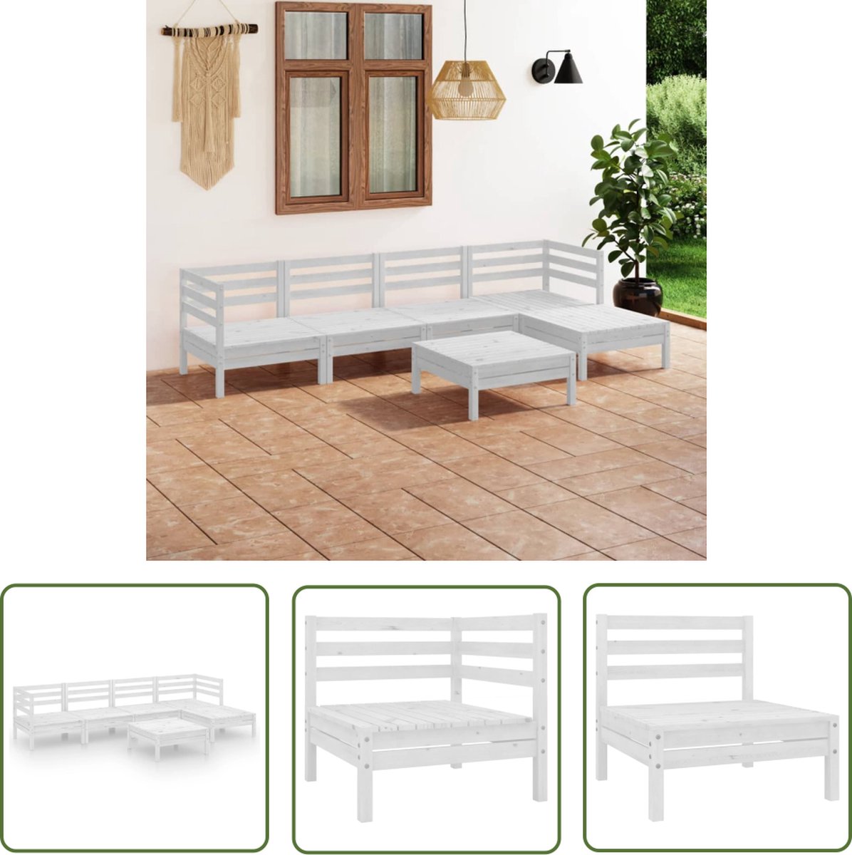The Living Store 6-delige Loungeset massief grenenhout wit - Tuinstoel - Lounge Set - Buitenmeubilair - Teak Tafel - Hout Tuinbank
